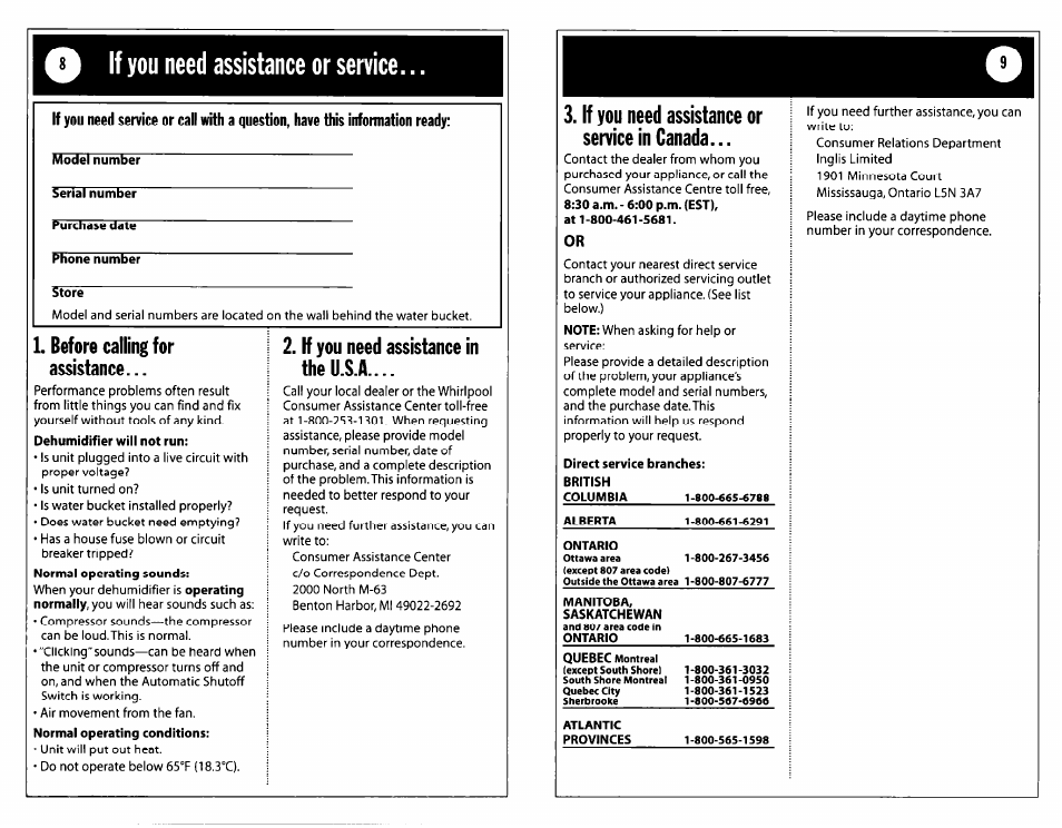 If you need assistance or service, Before calling for assistance, Dehumidifier will not run | If you need assistance in the u.s.a, If you need assistance or service in canada, Direct service branches | Whirlpool DH25G0 User Manual | Page 5 / 12