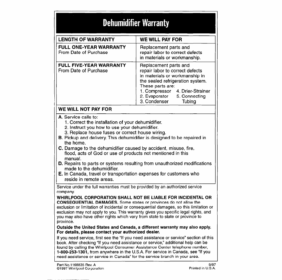 Dehumidifier warranty | Whirlpool DH25G0 User Manual | Page 6 / 12