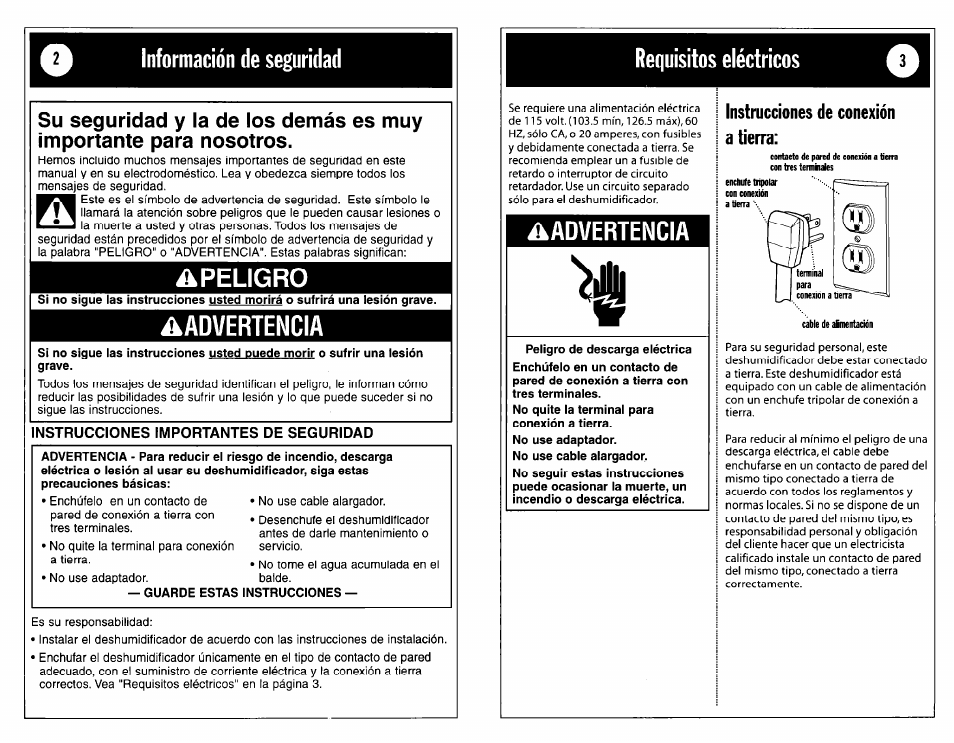 Información de seguridad, Apeligro, Aadvertencia | Instrucciones importantes de seguridad, Guarde estas instrucciones, Requisitos eléctricos, Advertencia, Peligro de descarga eléctrica | Whirlpool DH25G0 User Manual | Page 8 / 12