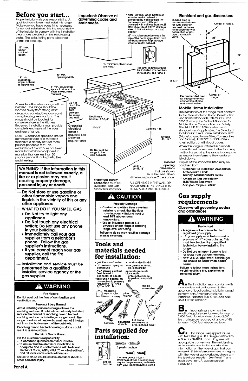 Before yoti start, Tools and materials needed for installation, Parts supplied for installation | Gas supply requirements, A caution, A warning | Whirlpool 316002904 User Manual | Page 2 / 5