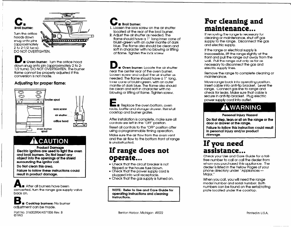 If range does not operate, For cleaning and maintenance, If yoo need assistance | Whirlpool 316002904 User Manual | Page 5 / 5