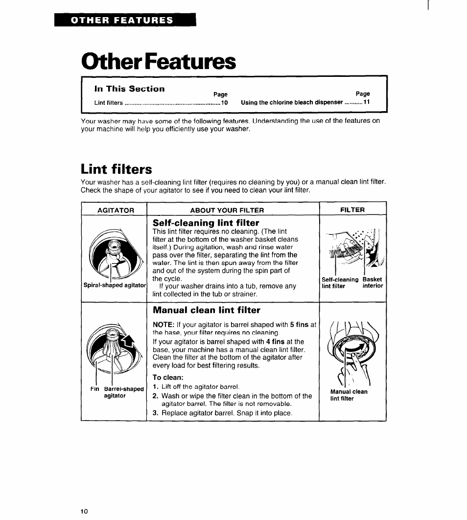 Other features, In this section, Lint filters | Self-cleaning lint filter, Manual clean lint filter | Whirlpool Roper RAL5144BG0 User Manual | Page 10 / 24