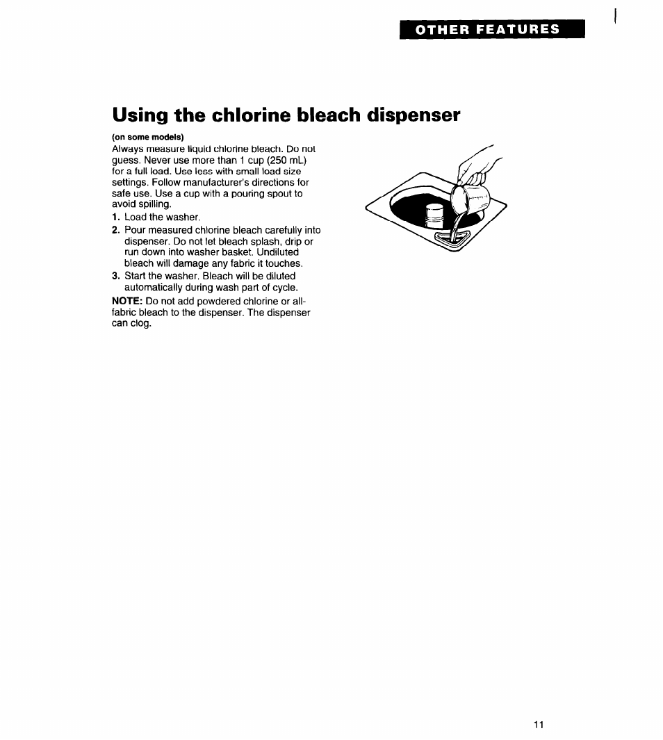 Using the chlorine bleach dispenser | Whirlpool Roper RAL5144BG0 User Manual | Page 11 / 24