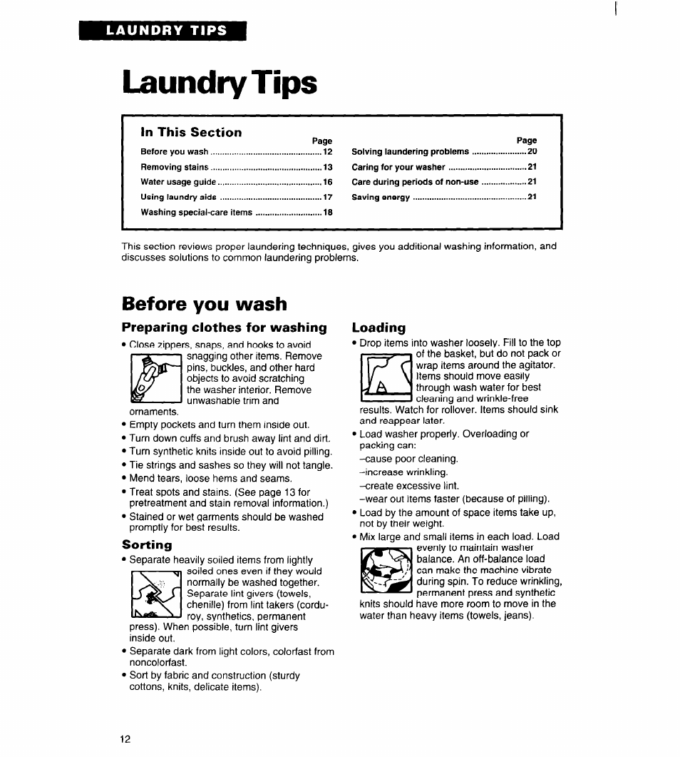 Laundry tips, Before you wash, Preparing clothes for washing | Sorting, Loading | Whirlpool Roper RAL5144BG0 User Manual | Page 12 / 24