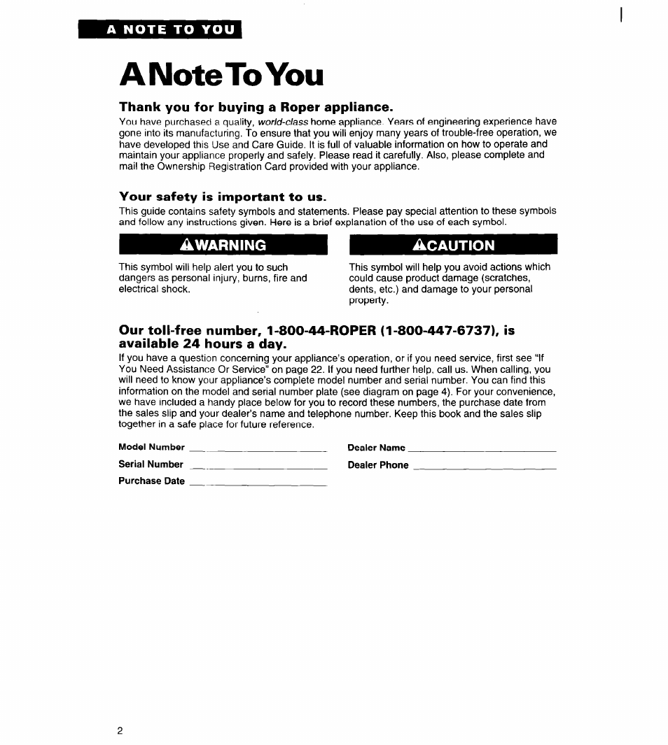 A note to you, Thank you for buying a roper appliance, Your safety is important to us | Whirlpool Roper RAL5144BG0 User Manual | Page 2 / 24