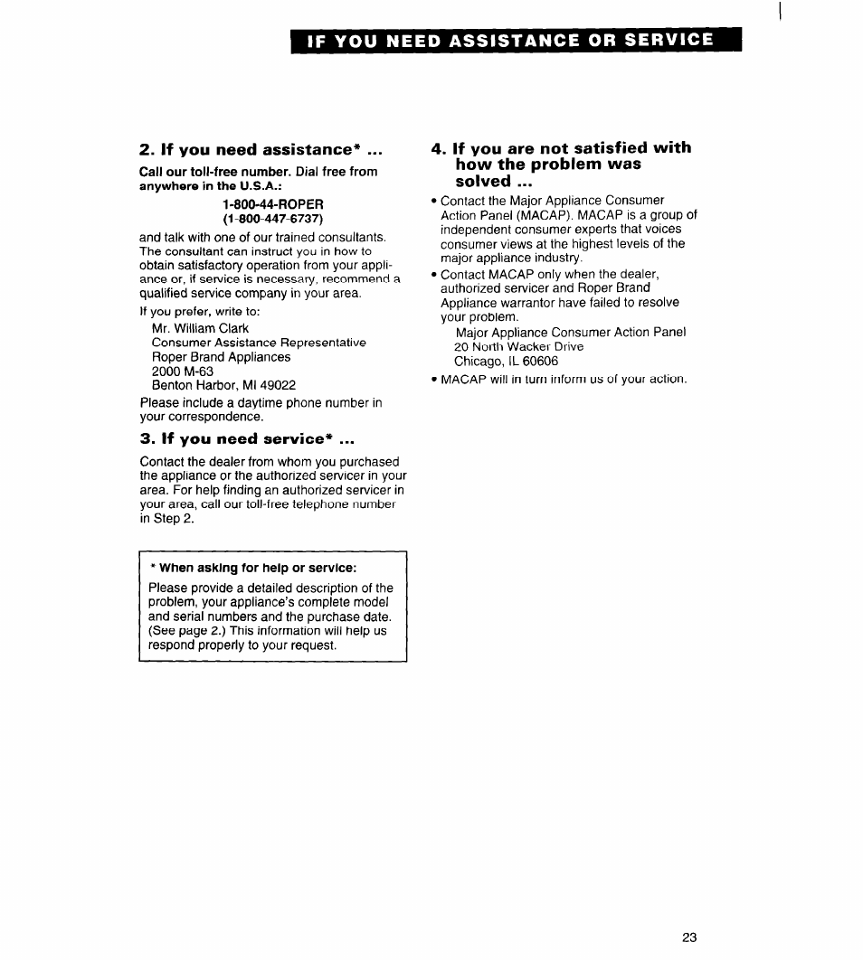 If you need assistance, If you need service | Whirlpool Roper RAL5144BG0 User Manual | Page 23 / 24