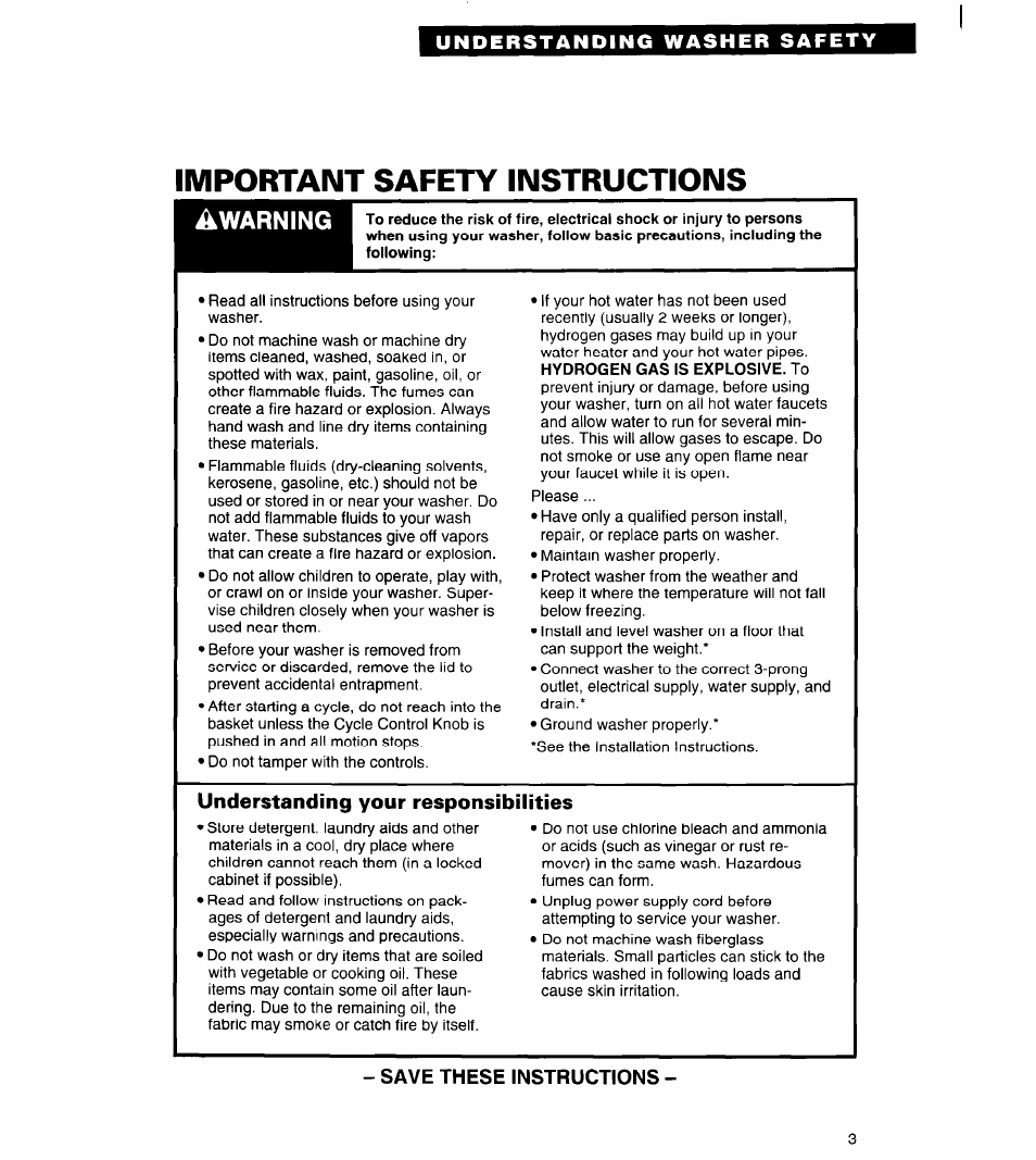 Understanding your responsibilities, Save these instructions, Important safety instructions | Warning | Whirlpool Roper RAL5144BG0 User Manual | Page 3 / 24