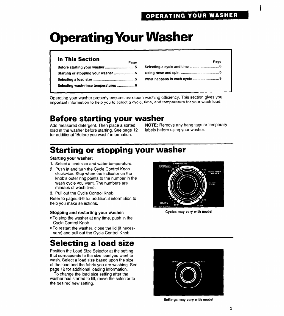 Operating your washer, Before starting your washer, Starting or stopping your washer | Selecting a load size, Operating your, Washer | Whirlpool Roper RAL5144BG0 User Manual | Page 5 / 24