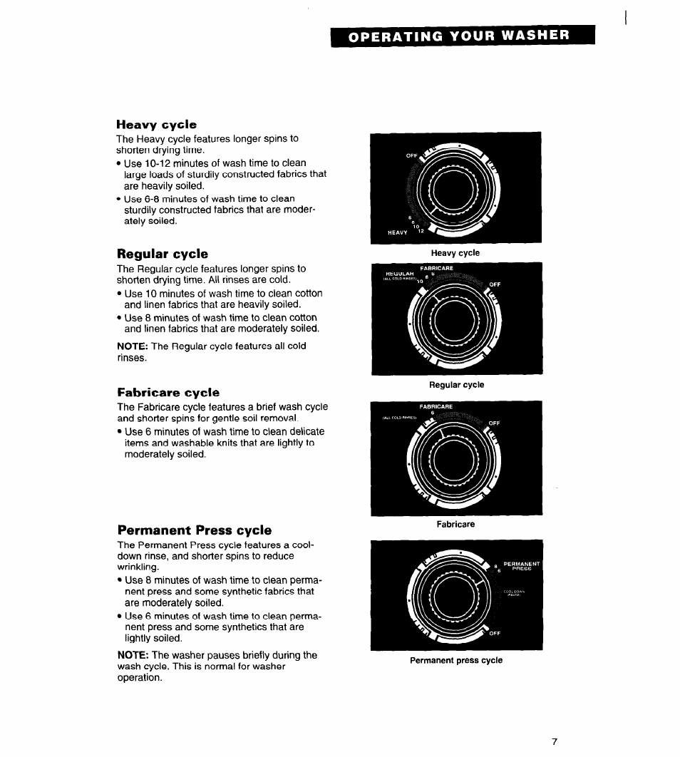 Heavy cycle, Regular cycle, Fabricare cycle | Permanent press cycle | Whirlpool Roper RAL5144BG0 User Manual | Page 7 / 24