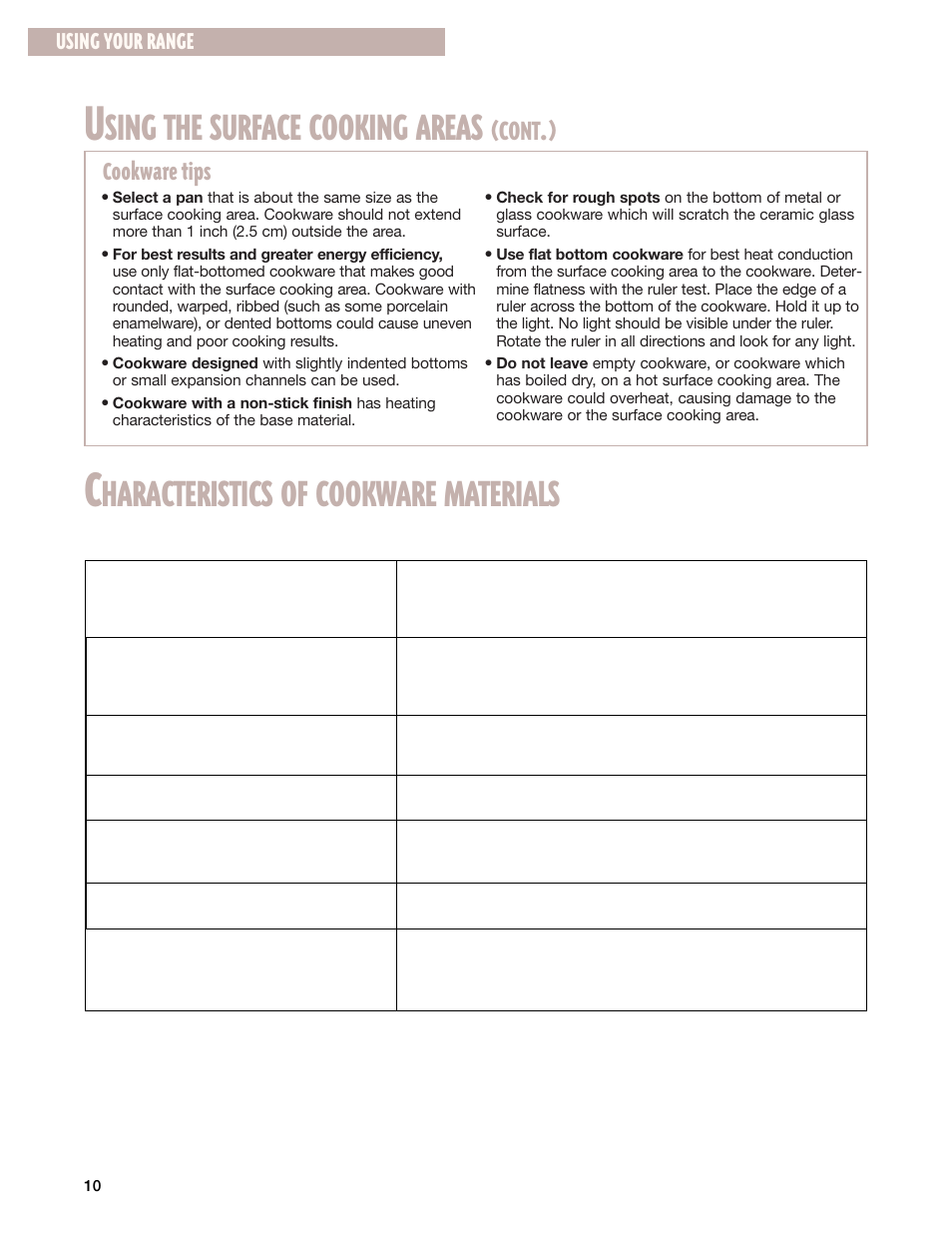 Characteristics of cookware materials, Sing the surface cooking areas, Haracteristics of cookware materials | Cont, Cookware tips, Using your range | Whirlpool GR399LXG User Manual | Page 10 / 46