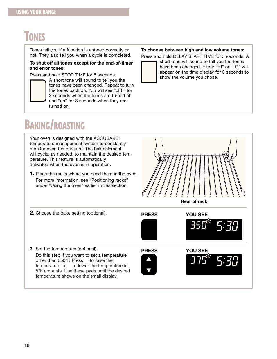 Tones, Baking/roasting, Ones | Aking, Roasting, Using your range | Whirlpool GR399LXG User Manual | Page 18 / 46