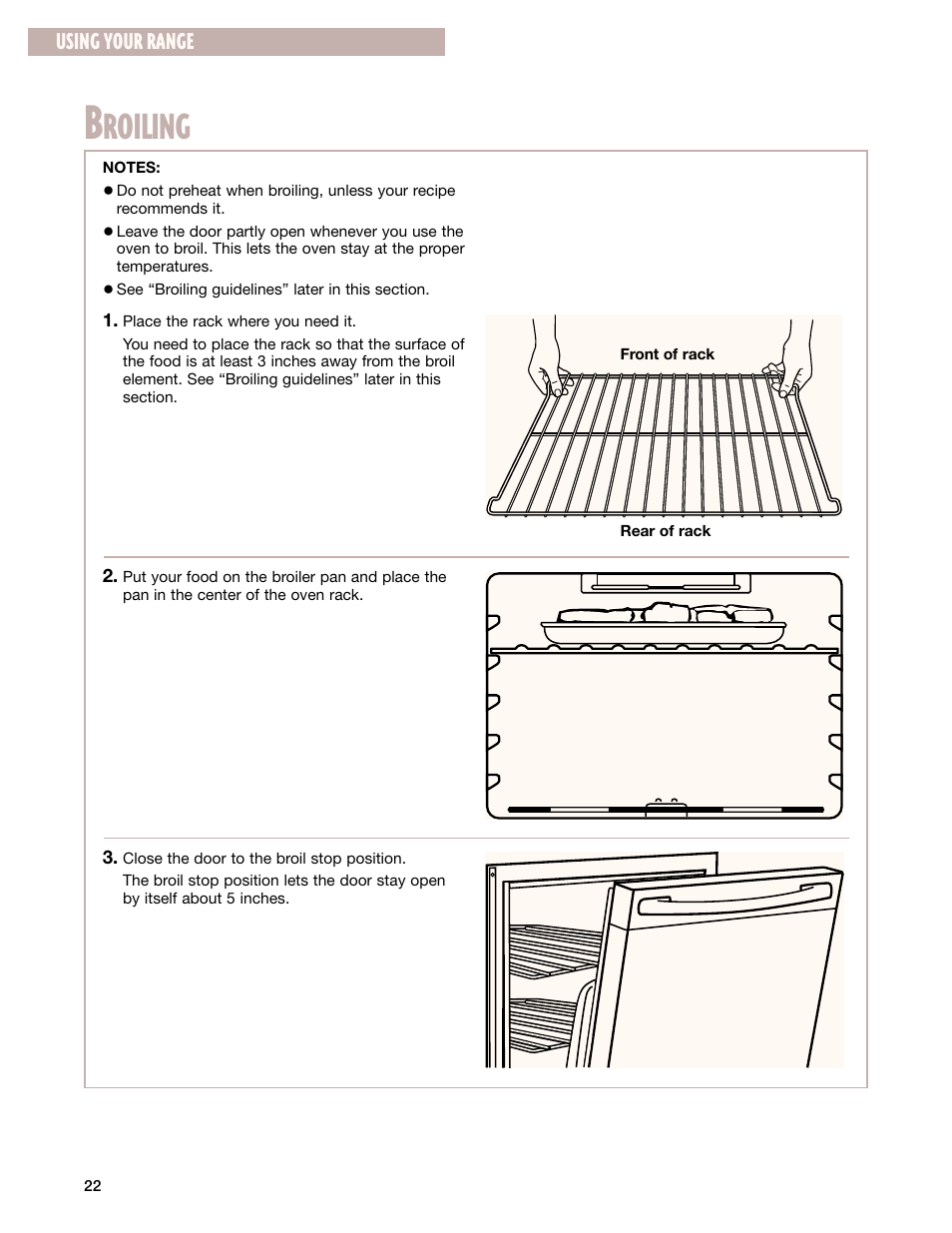 Broiling, Roiling, Using your range | Whirlpool GR399LXG User Manual | Page 22 / 46