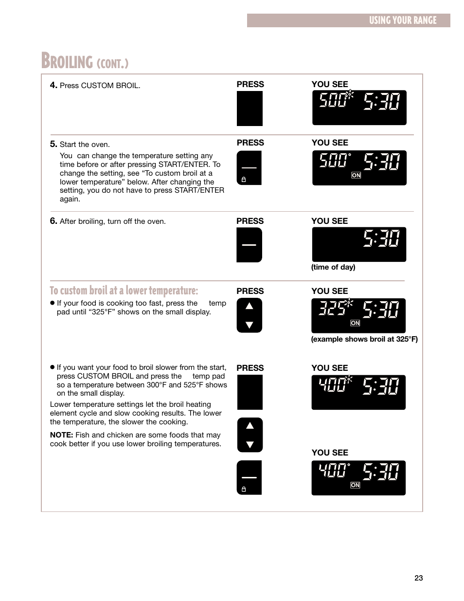 Roiling, Cont, Using your range | Whirlpool GR399LXG User Manual | Page 23 / 46
