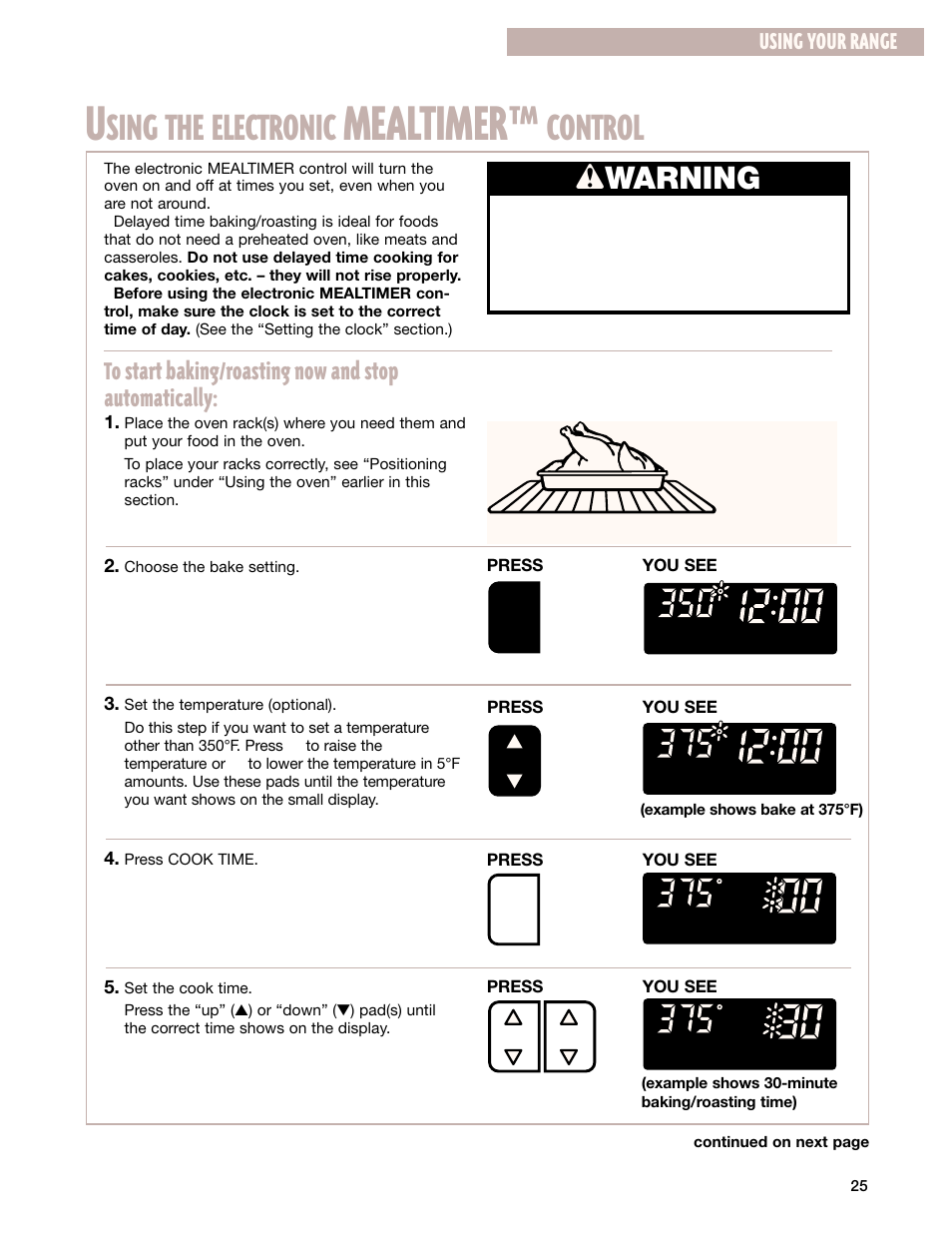 Using the electronic mealtimerª control, Mealtimer, Sing the electronic | Control, Wwarning, Using your range | Whirlpool GR399LXG User Manual | Page 25 / 46