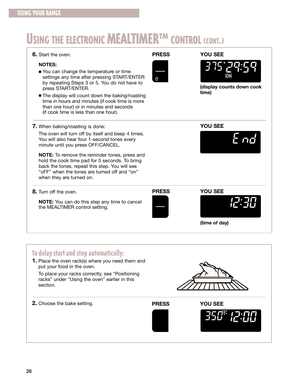 Mealtimer, Sing the electronic, Control | Cont, Using your range | Whirlpool GR399LXG User Manual | Page 26 / 46