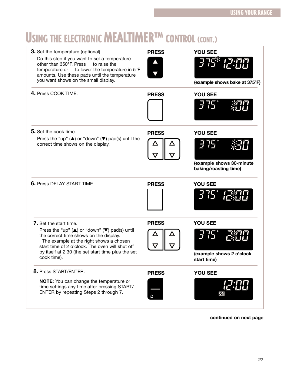 Mealtimer, Sing the electronic, Control | Cont, Using your range | Whirlpool GR399LXG User Manual | Page 27 / 46