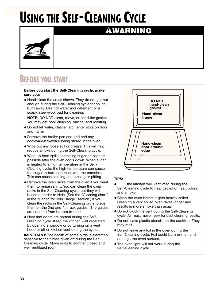 Using the self-cleaning cycle, Sing the, Leaning | Ycle, Efore you start, Wwarning | Whirlpool GR399LXG User Manual | Page 30 / 46