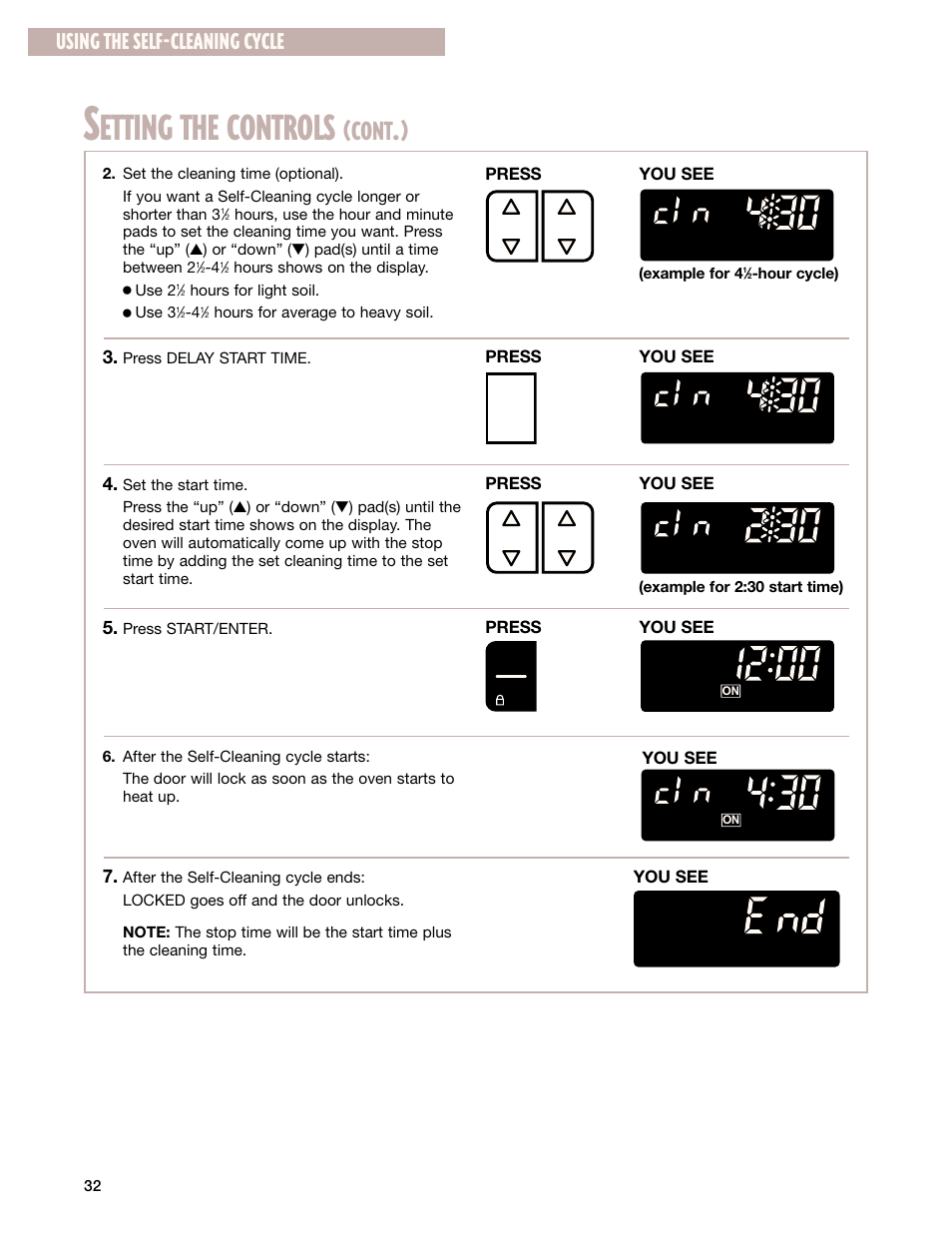 Etting the controls, Cont, Using the self-cleaning cycle | Whirlpool GR399LXG User Manual | Page 32 / 46