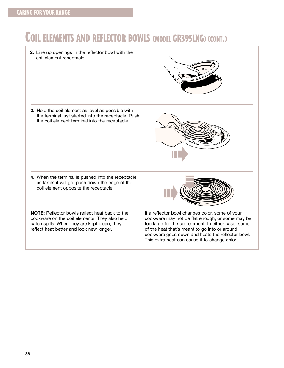 Oil elements and reflector bowls, Gr395lxg, Model | Cont | Whirlpool GR399LXG User Manual | Page 38 / 46