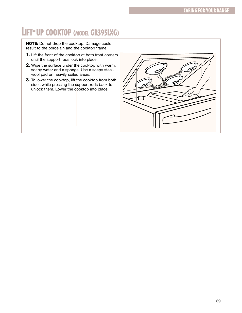 Lift-up cooktop, Up cooktop, Gr395lxg | Whirlpool GR399LXG User Manual | Page 39 / 46