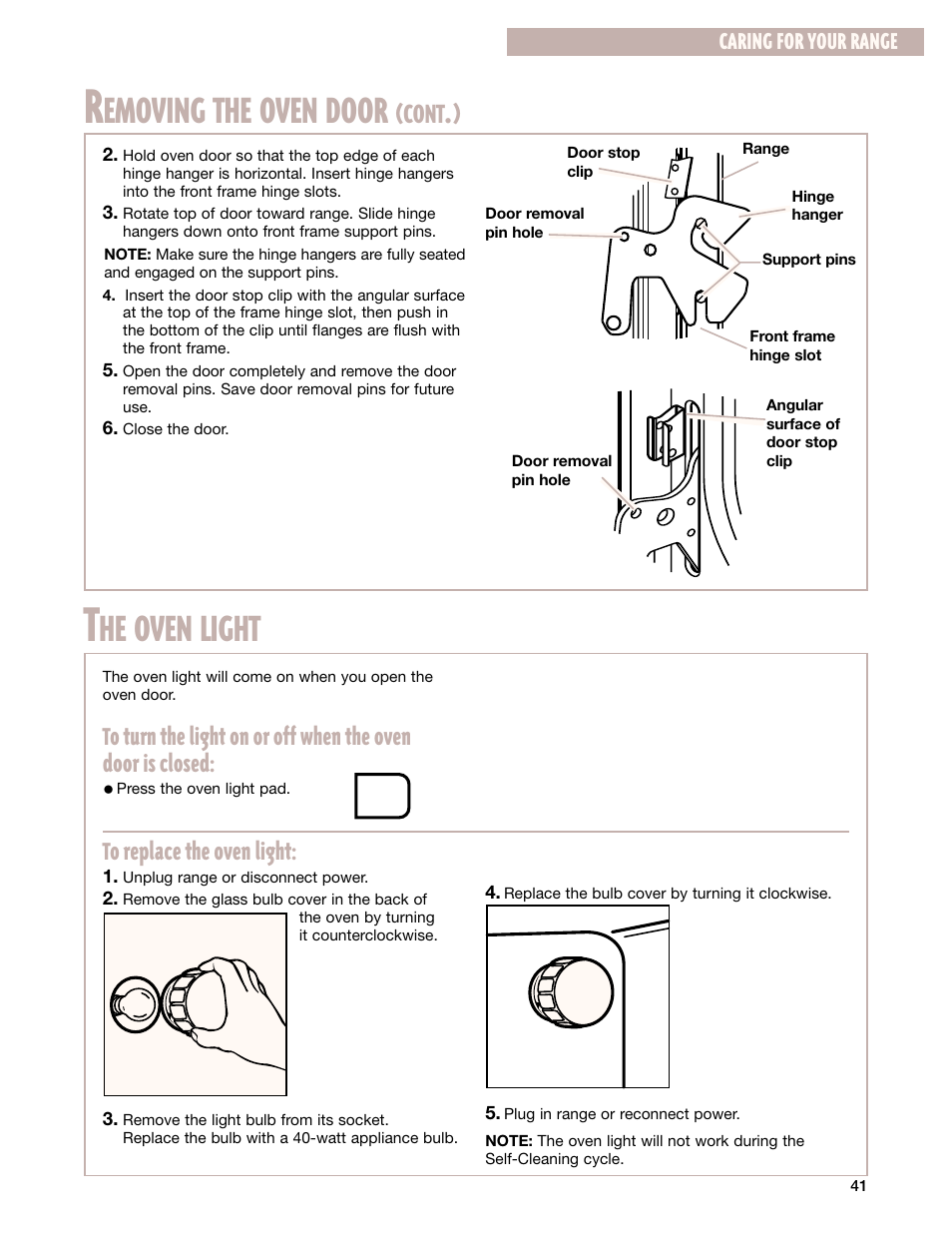 The oven light, Emoving the oven door, He oven light | Cont, Caring for your range | Whirlpool GR399LXG User Manual | Page 41 / 46