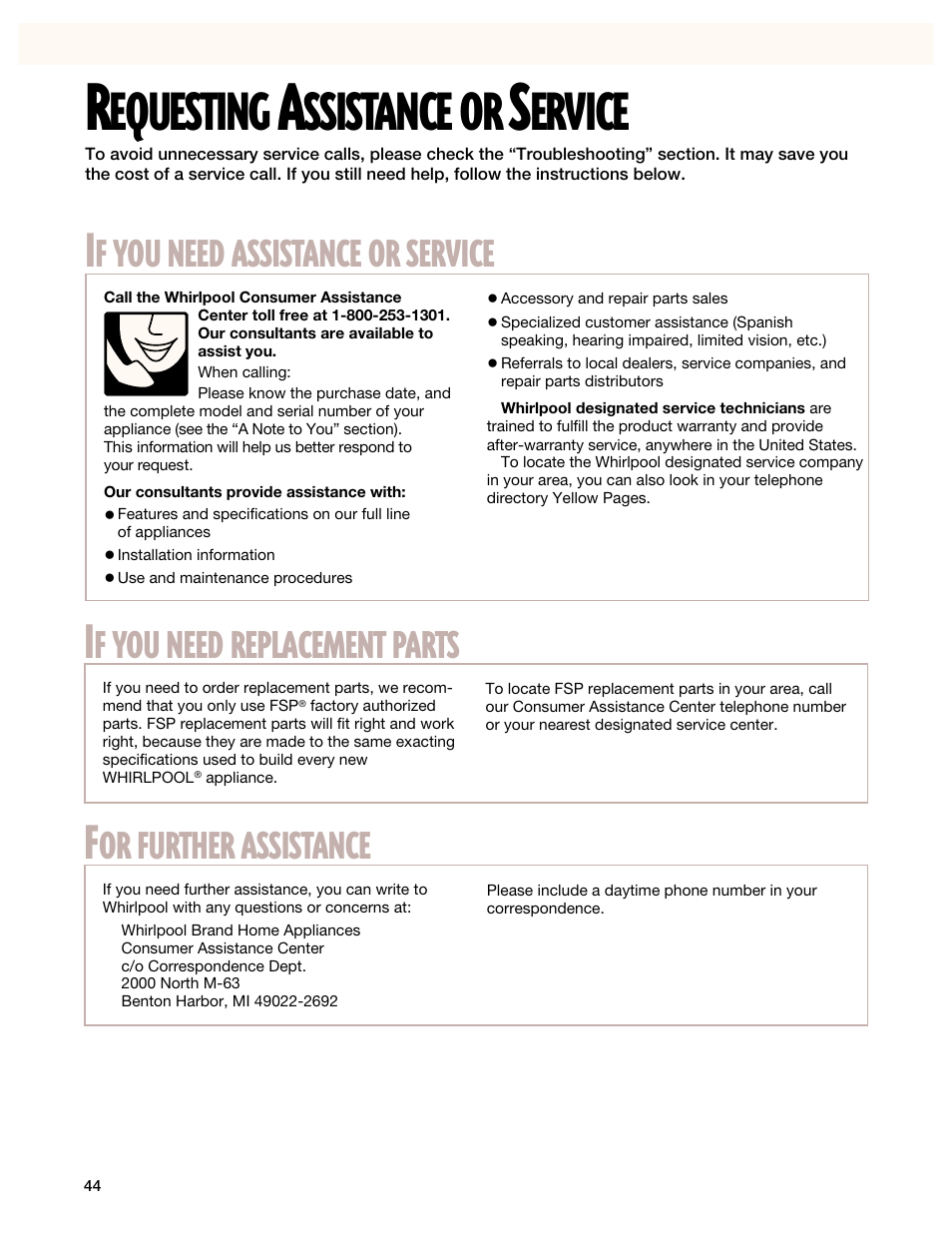 Requesting assistance or service, Equesting, Ssistance | Ervice, Need, Assistance, Service, Replacement, Parts, Further | Whirlpool GR399LXG User Manual | Page 44 / 46