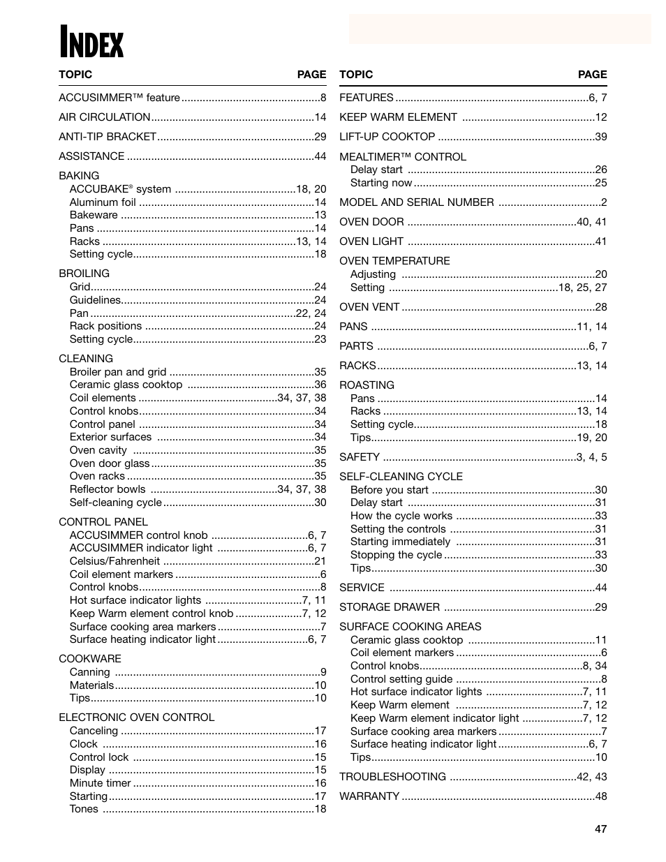 Index, Ndex | Whirlpool GR399LXG User Manual | Page 45 / 46