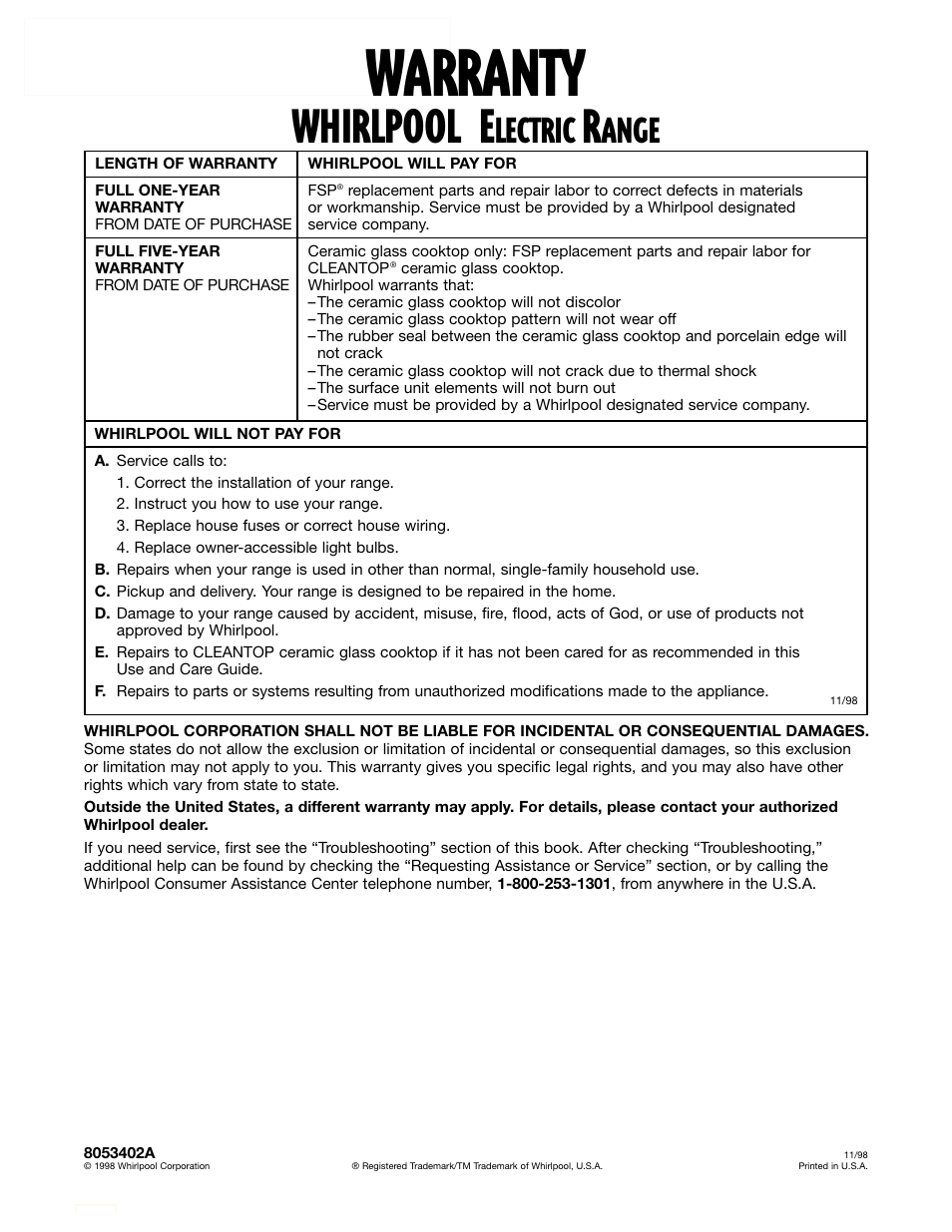 Warranty, Whirlpool, Lectric | Ange | Whirlpool GR399LXG User Manual | Page 46 / 46