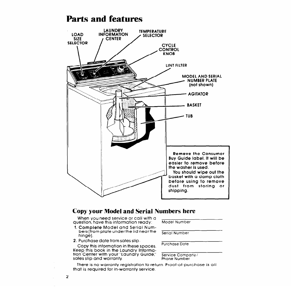 Parts and features, Copy your model and serial numbers here | Whirlpool LA5380XM User Manual | Page 2 / 12