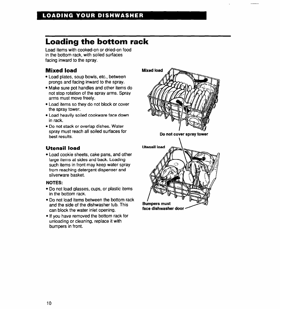 Loading the bottom rack, Mixed load, Utensil load | Notes | Whirlpool 900 User Manual | Page 10 / 31
