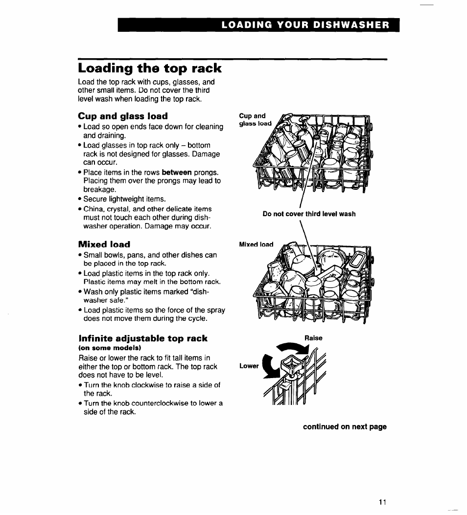 Loading the top rack, Cup and glass load, Mixed load | Infinite adjustable top rack | Whirlpool 900 User Manual | Page 11 / 31