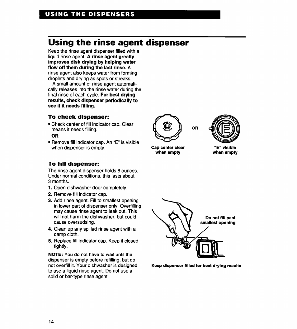 Using the rinse agent dispenser, To check dispenser, To fill dispenser | Whirlpool 900 User Manual | Page 14 / 31