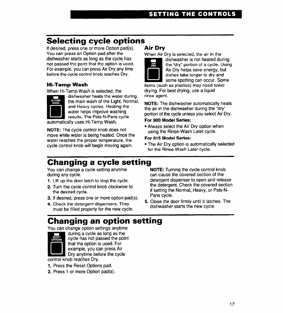 Hi-temp wash, Air dry, Changing a cycle setting | Changing an option setting, Selecting cycle options | Whirlpool 900 User Manual | Page 17 / 31