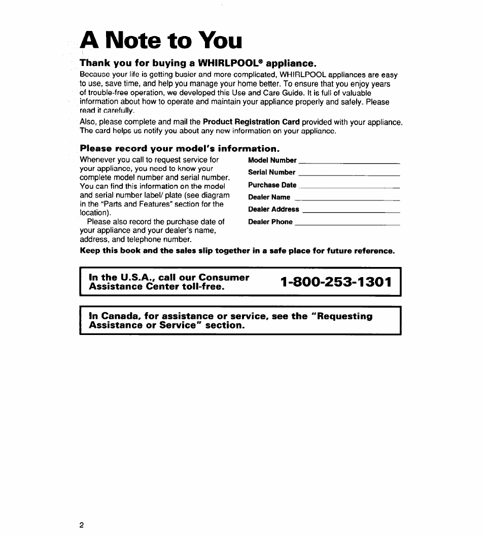 A note to you | Whirlpool 900 User Manual | Page 2 / 31