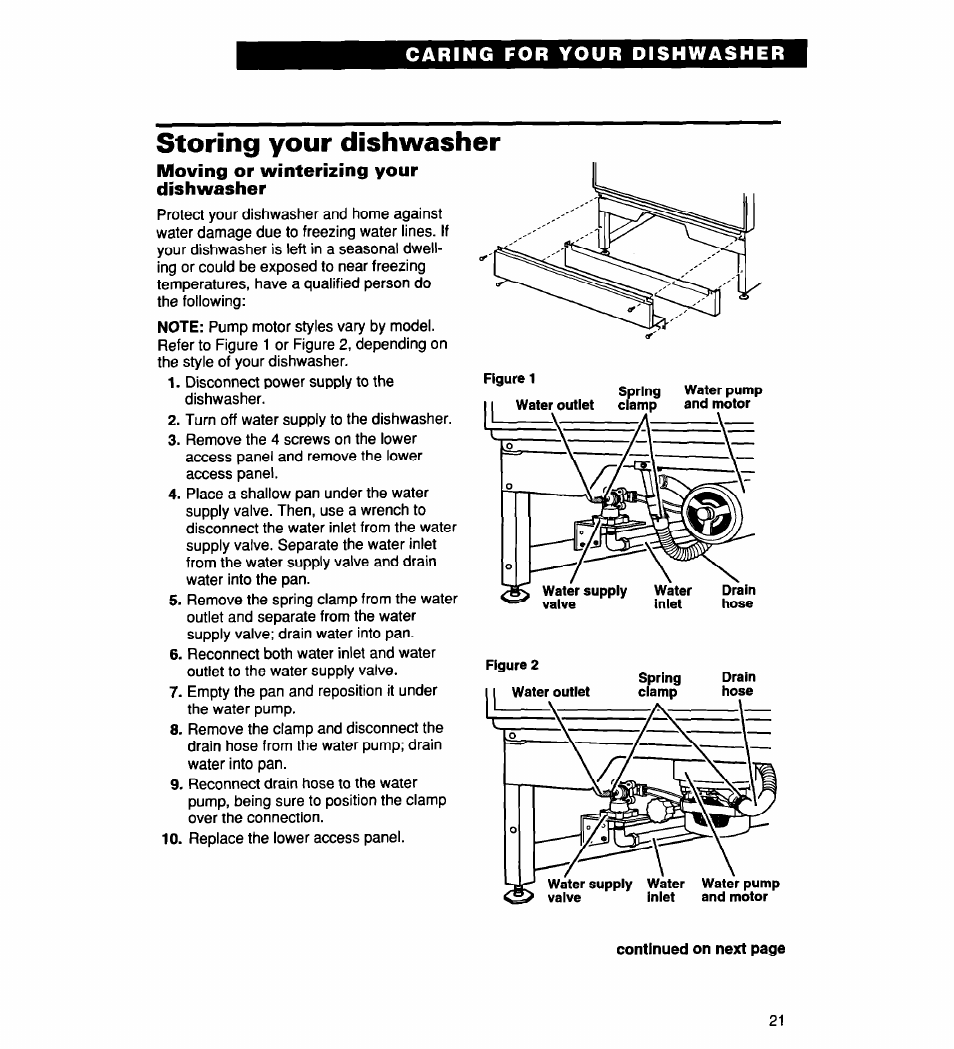 Storing your dishwasher, Moving or winterizing your dishwasher | Whirlpool 900 User Manual | Page 21 / 31