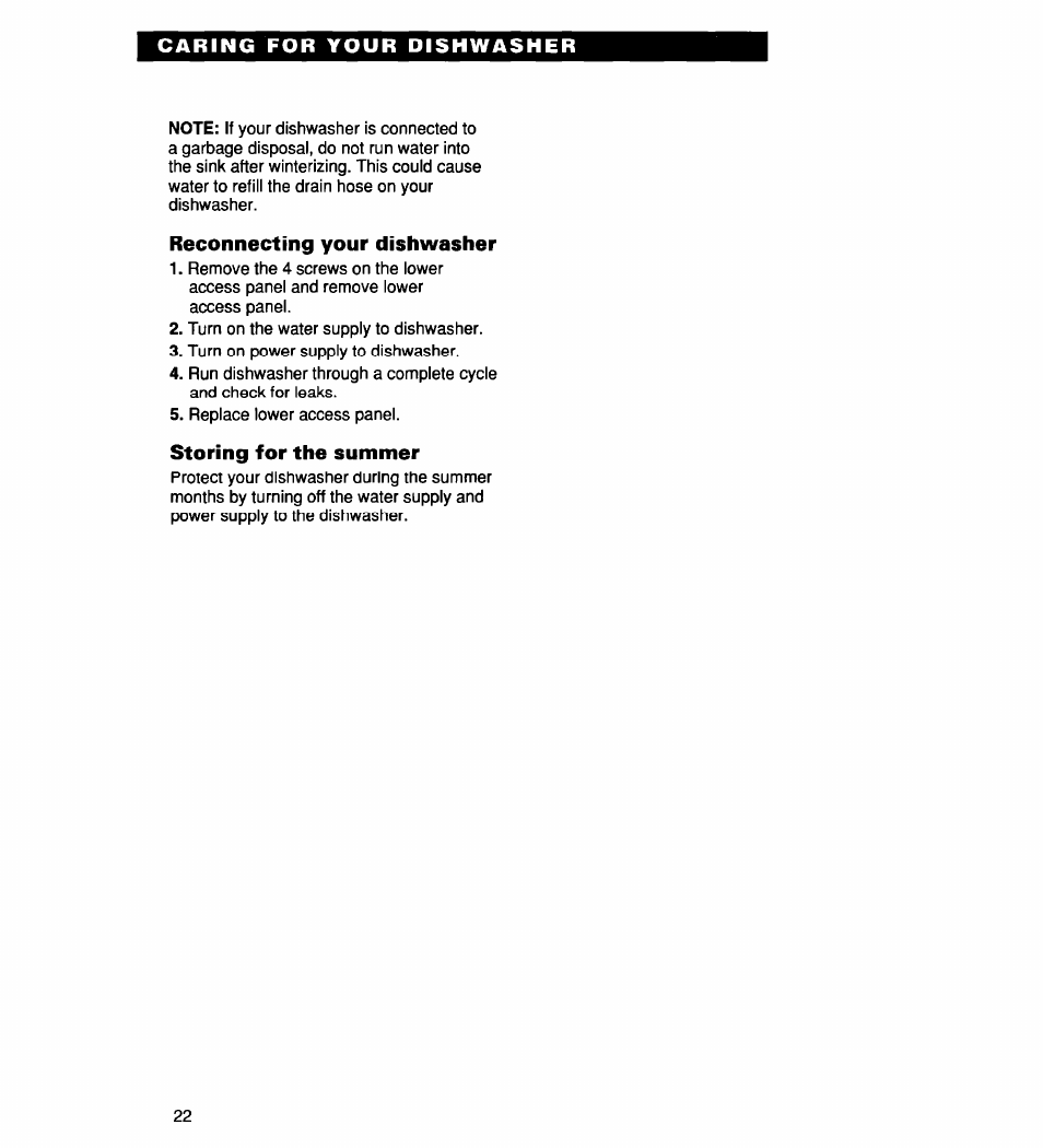 Reconnecting your dishwasher, Storing for the summer | Whirlpool 900 User Manual | Page 22 / 31