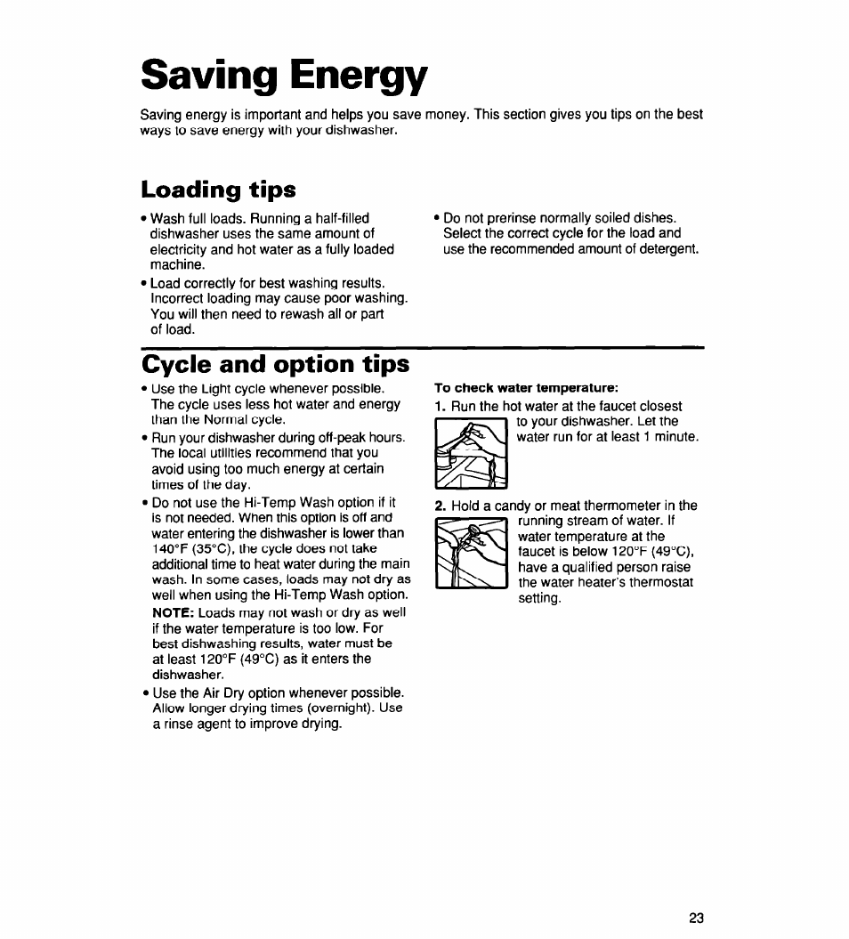 Saving energy, Loading tips, Cycle and option tips | To check water temperature | Whirlpool 900 User Manual | Page 23 / 31