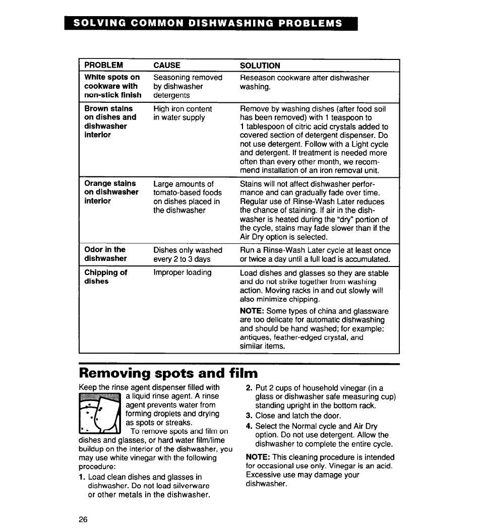 Removing spots and film | Whirlpool 900 User Manual | Page 26 / 31
