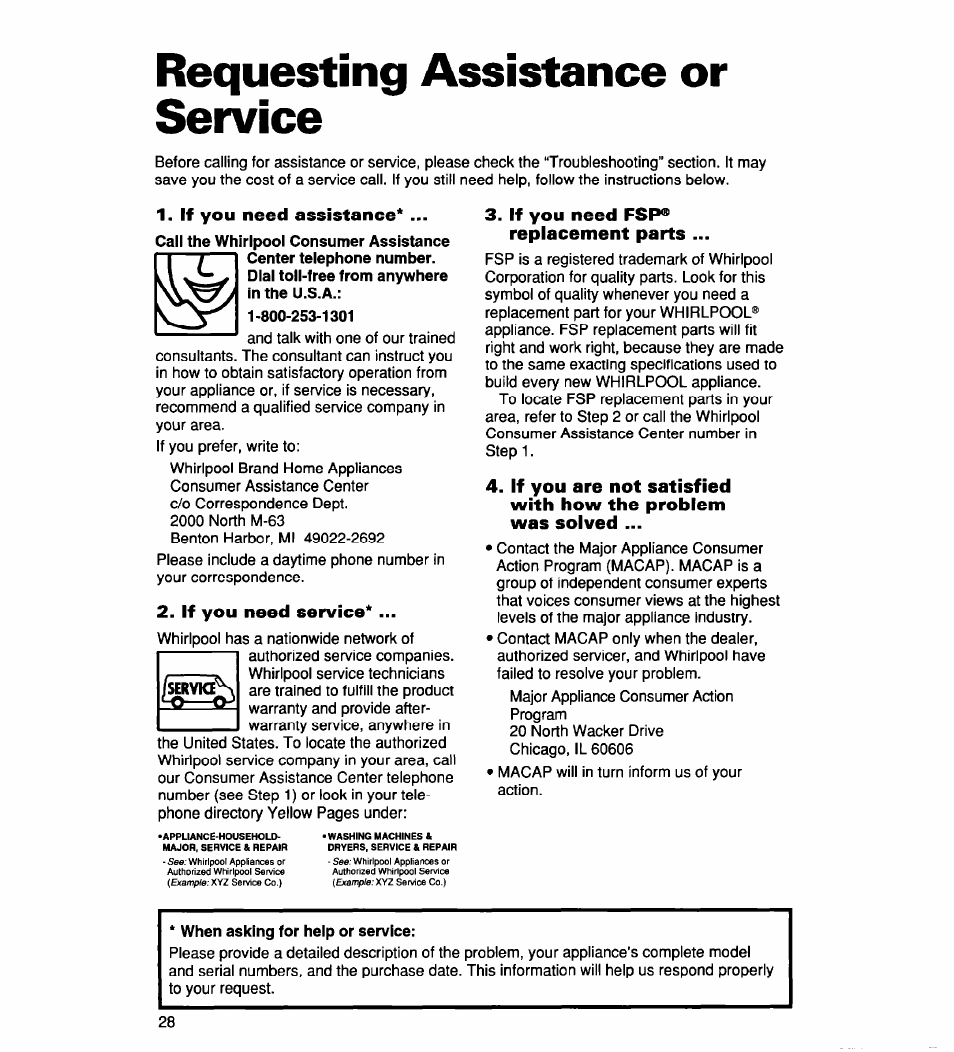 Requesting assistance or service, If you need assistance, If you need service | If you need fsp® replacement parts, When asking for help or service | Whirlpool 900 User Manual | Page 28 / 31