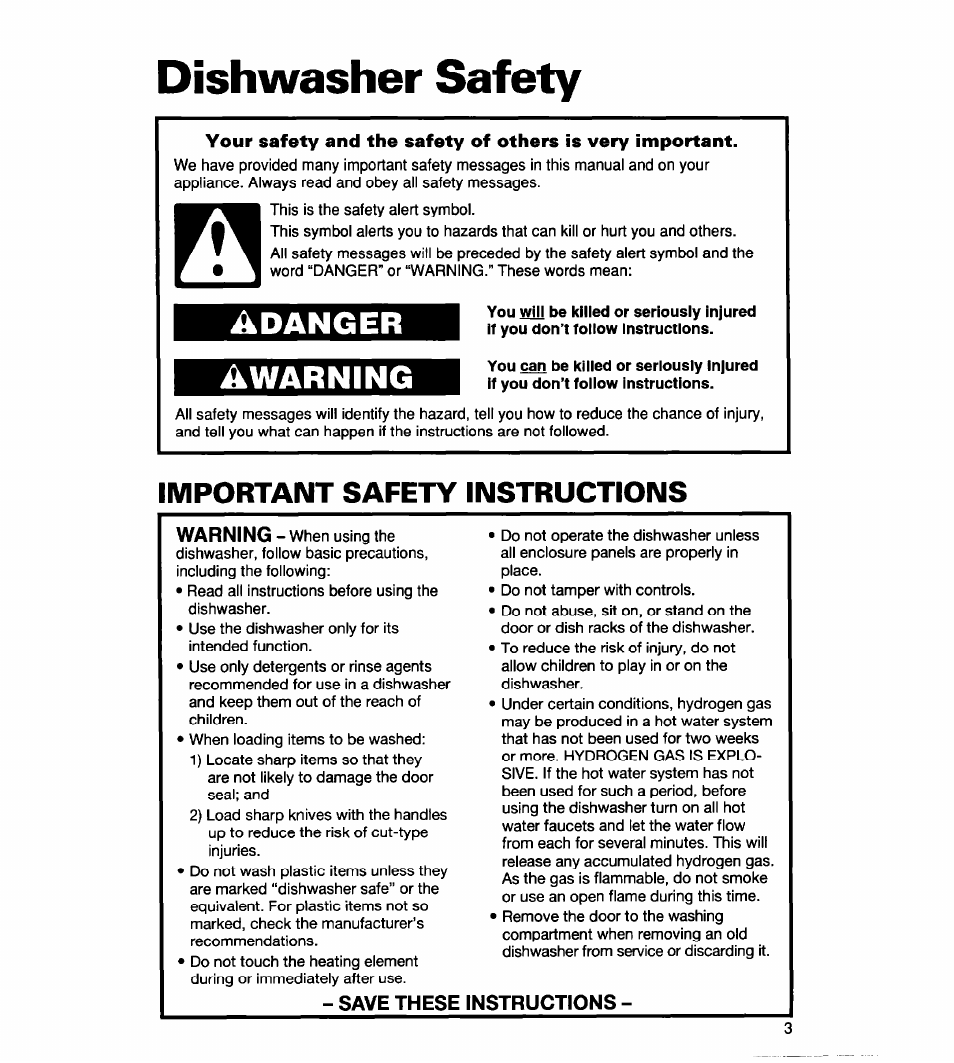 Dishwasher safety, Important safety instructions, Save these | Instructions, Adanger awarning | Whirlpool 900 User Manual | Page 3 / 31
