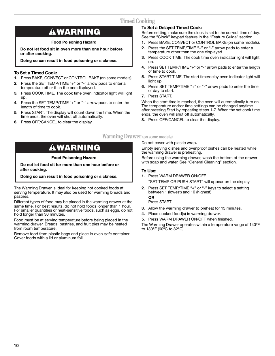 Warning, Timed cooking, Warming drawer | Whirlpool GFG471LVS User Manual | Page 10 / 16