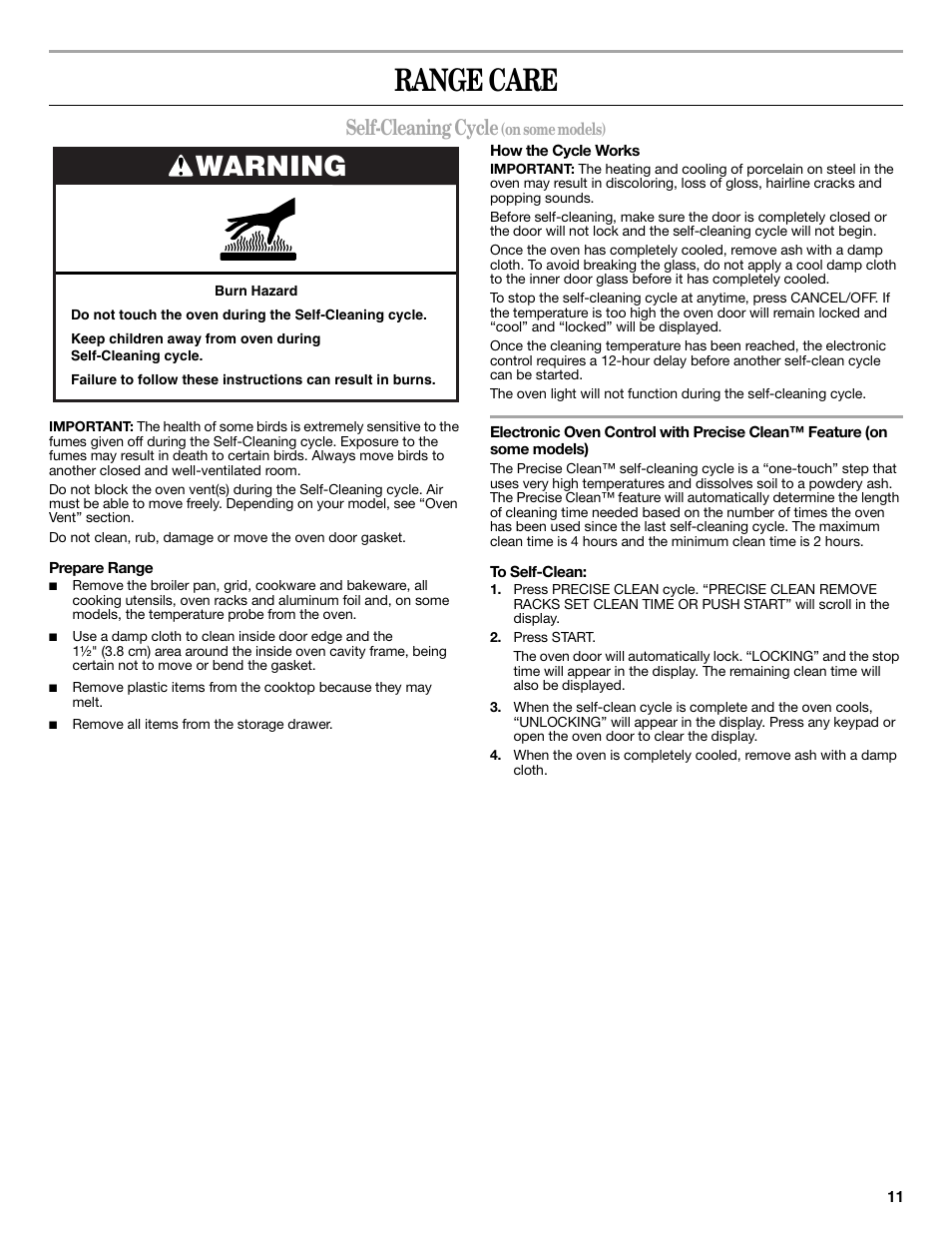 Range care, Warning, Self-cleaning cycle | Whirlpool GFG471LVS User Manual | Page 11 / 16