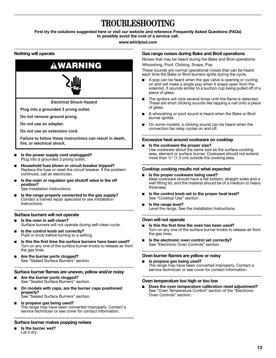 Troubleshooting, Warning | Whirlpool GFG471LVS User Manual | Page 13 / 16