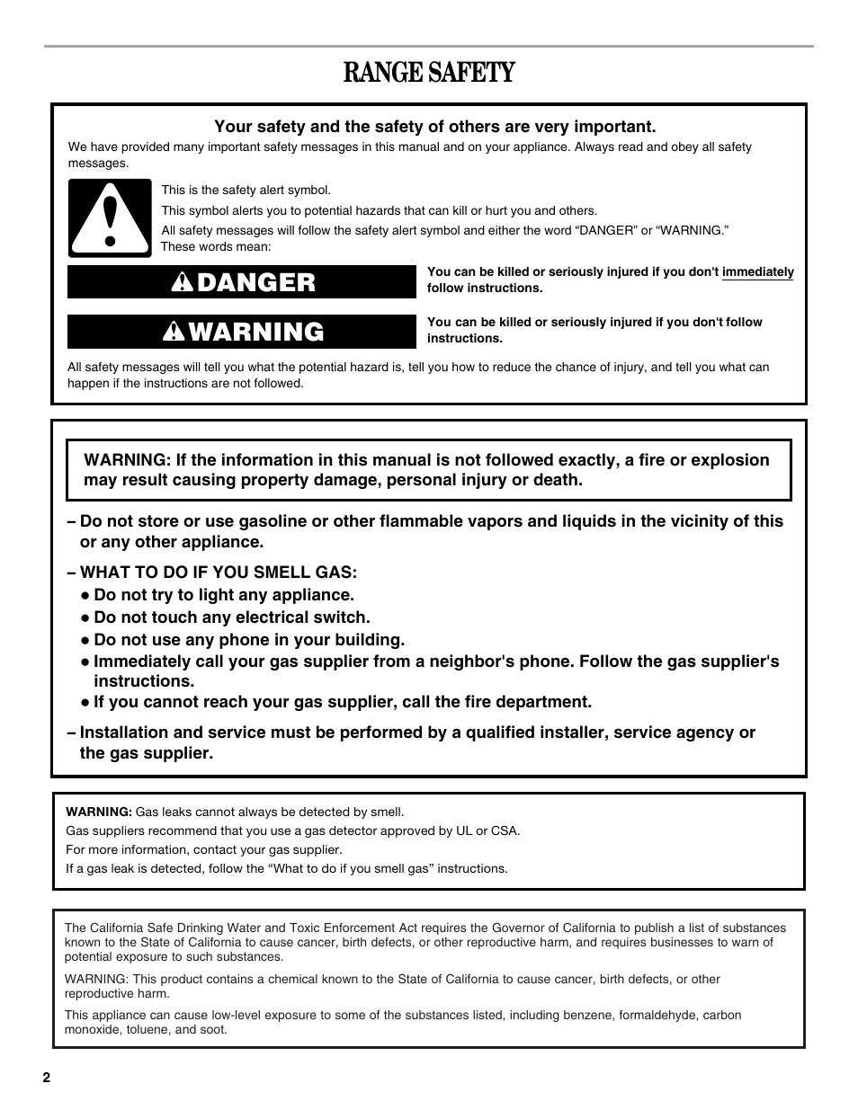 Range safety, Danger warning | Whirlpool GFG471LVS User Manual | Page 2 / 16