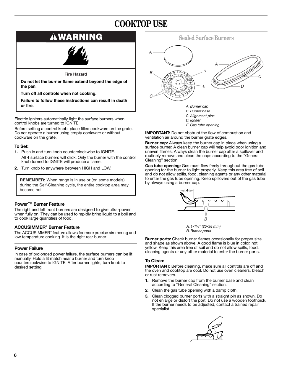 Cooktop use, Warning, Sealed surface burners | Whirlpool GFG471LVS User Manual | Page 6 / 16