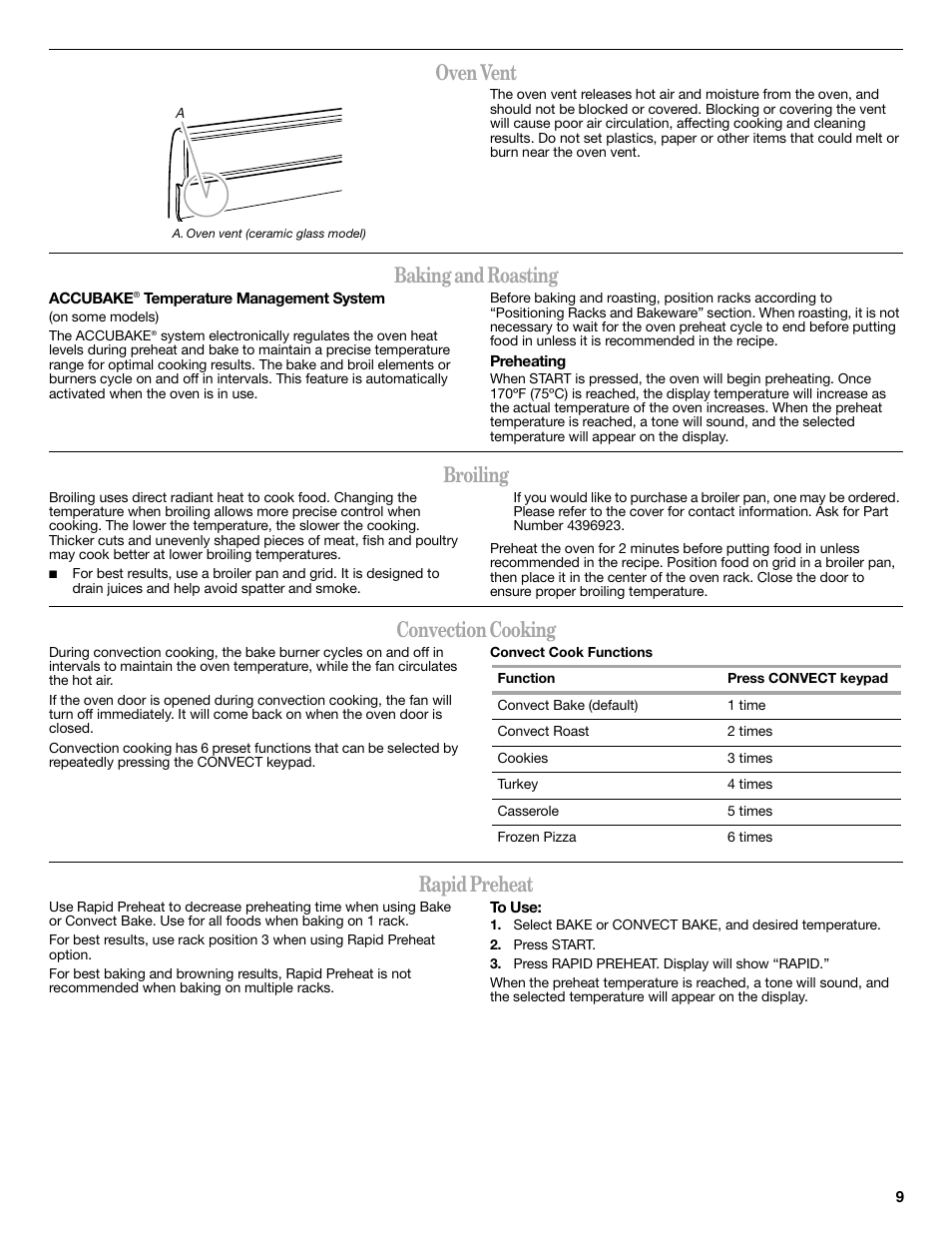 Oven vent, Baking and roasting, Broiling | Convection cooking, Rapid preheat | Whirlpool GFG471LVS User Manual | Page 9 / 16