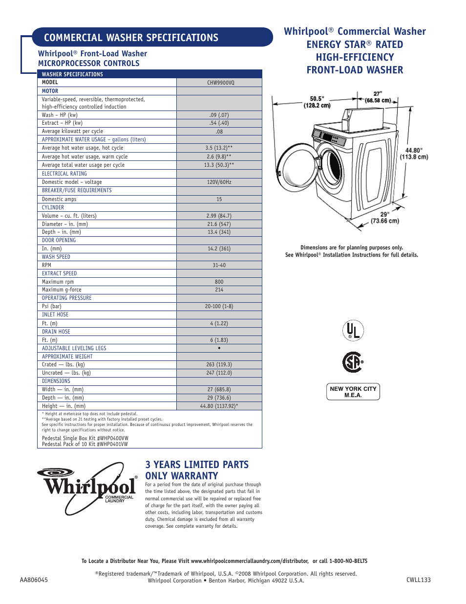 3 years limited parts only warranty | Whirlpool CHW9900VQ User Manual | Page 2 / 2