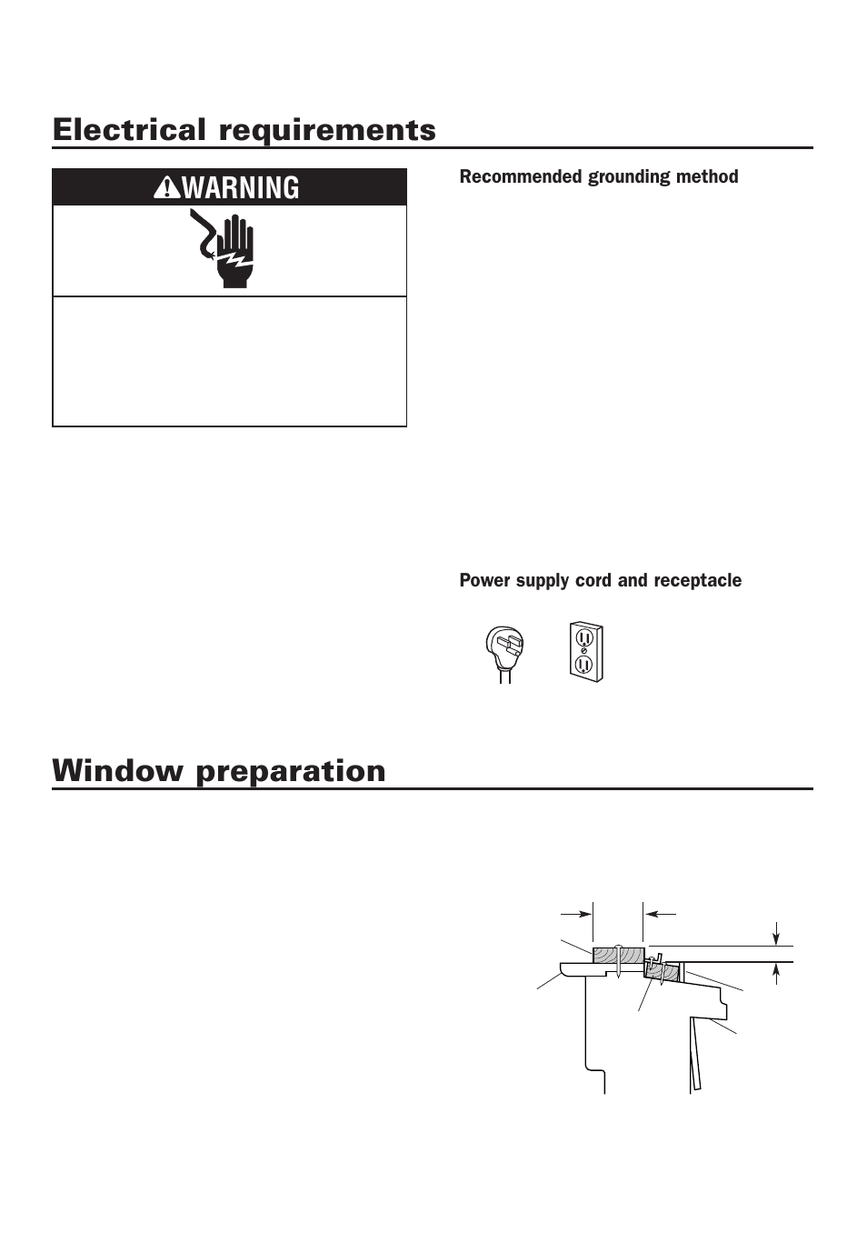 Electrical requirements, Window preparation, Warning | Recommended grounding method, Power supply cord and receptacle | Whirlpool ACD052PK0 User Manual | Page 10 / 36