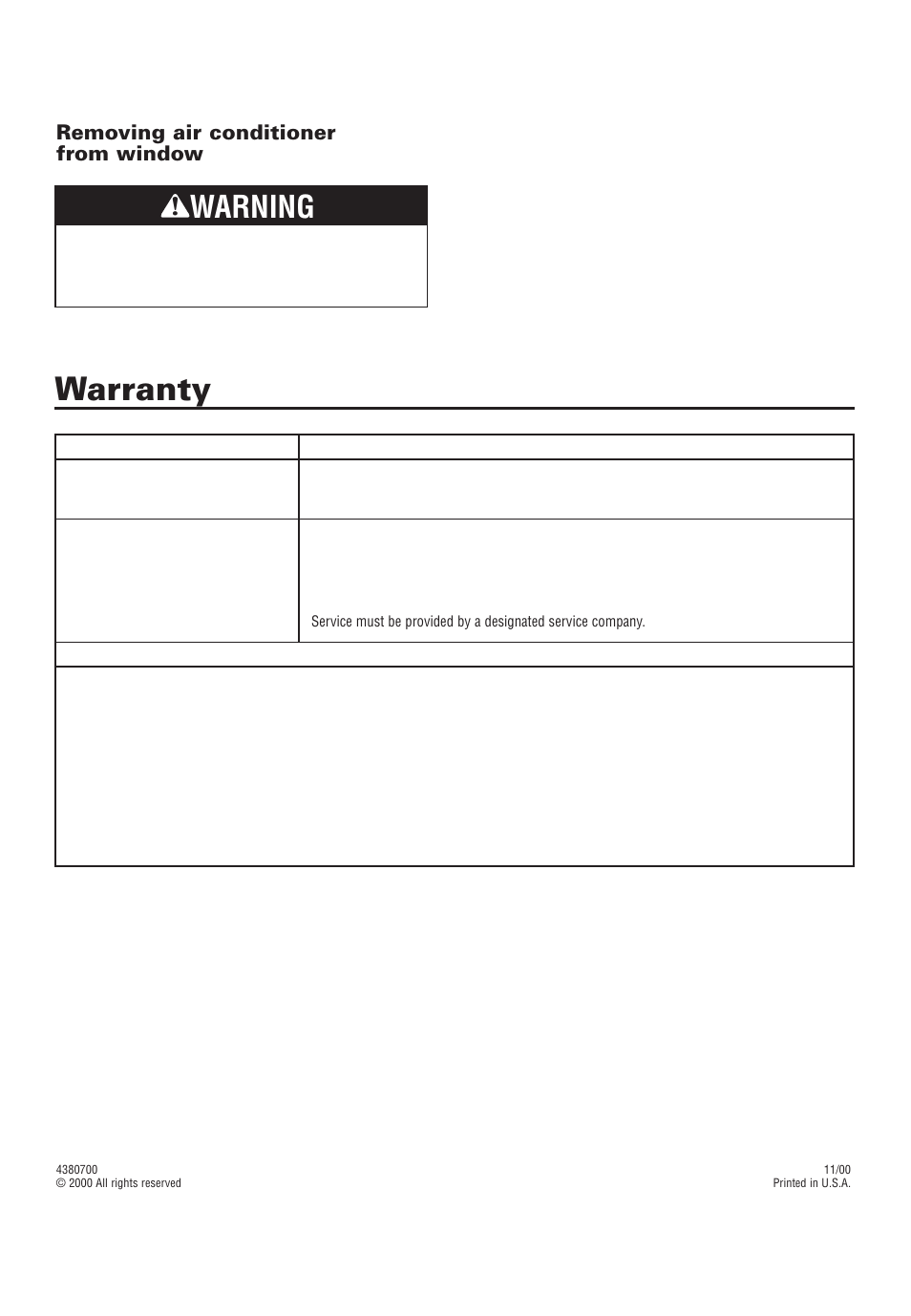 Warranty, Warning, Removing air conditioner from window | Whirlpool ACD052PK0 User Manual | Page 12 / 36