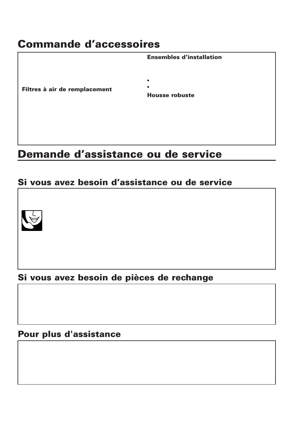 Commande d’accessoires, Demande d’assistance ou de service, Pour plus d'assistance | Whirlpool ACD052PK0 User Manual | Page 20 / 36